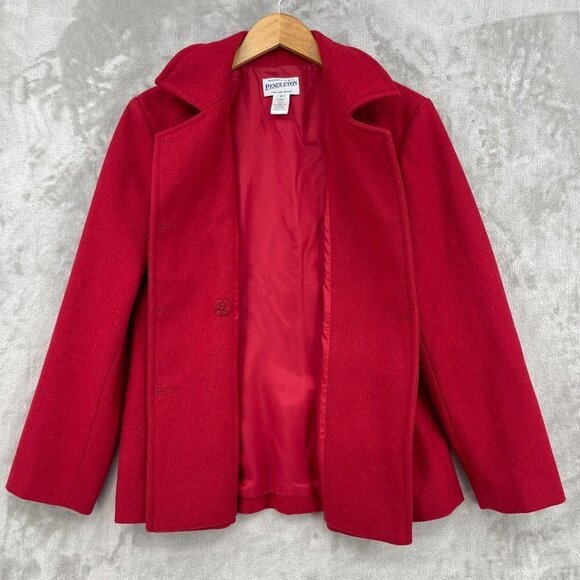 Pendleton Red Merino Wool Double Breasted Pea Coat Jacket Collared - Picture 5 of 8